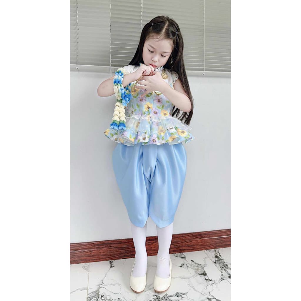 ชุดไทยเด็ก สีพาสเทล ลายดอกไม้ แต่งระบาย รูปที่ 7