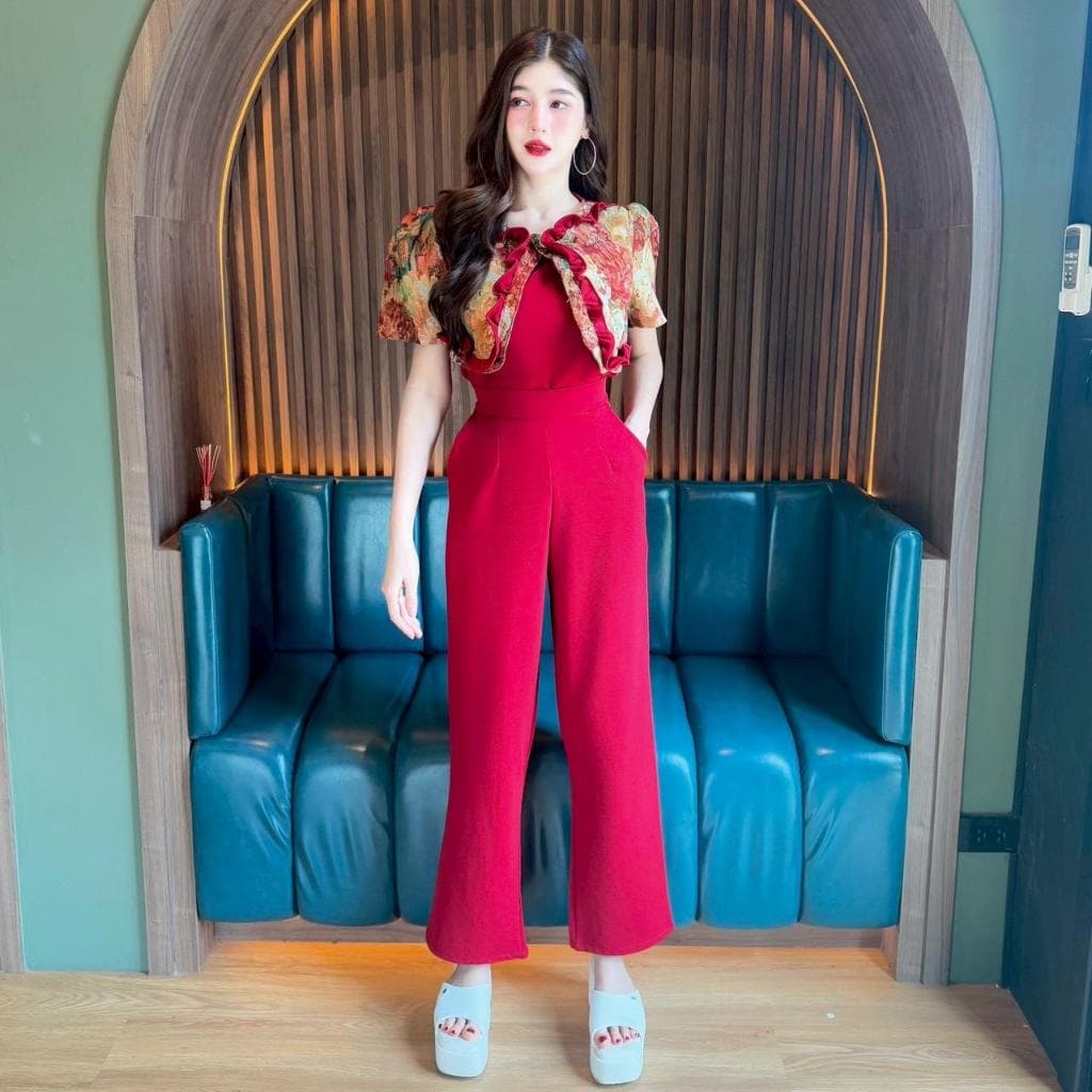 สินค้า Set 2 ชิ้น เสื้อผ้าวูลเวฟแต่งเสื้อคลุมผ้าทอกระดุมหน้า + กางเกงเอวเรียบสม๊อคหลังแต่งกระเป๋า รูปที่ 3