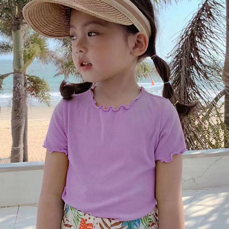 เสื้อเเขนสั้นเด็กหญิง เสื้อยืดเด็กหญิง สีพื่น ขอบใบบัว ดีไซส์แฟชั่น สไตล์เกาหลี ทันสมัย ในไทย มี 8 สี รูปที่ 8