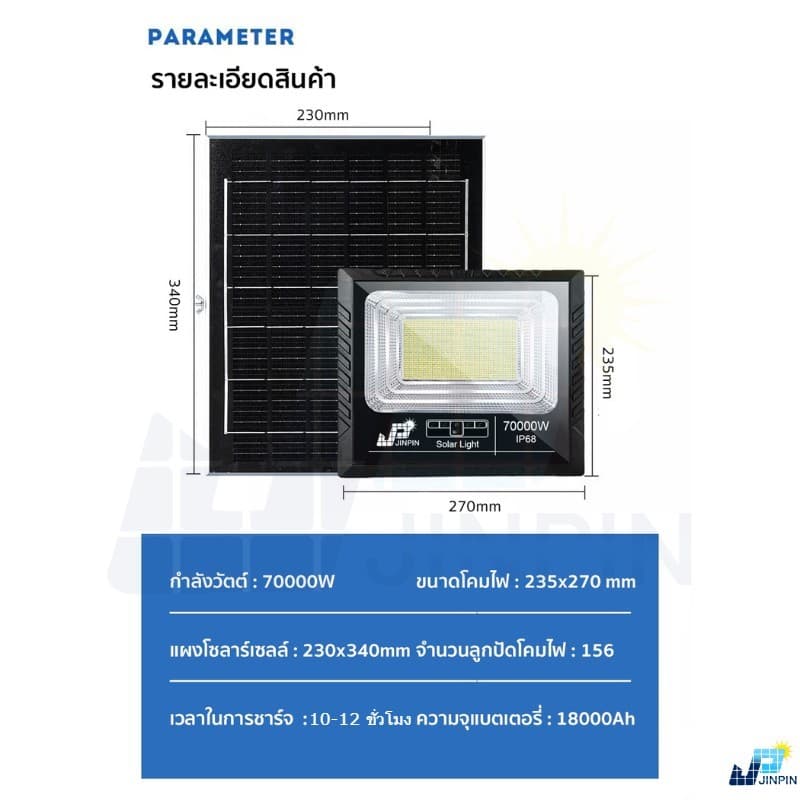 Solar Light New -70000w แสงไฟสีขาว ไฟพลังงานแสงอาทิตย์ LED 156 ดวง รูปที่ 8