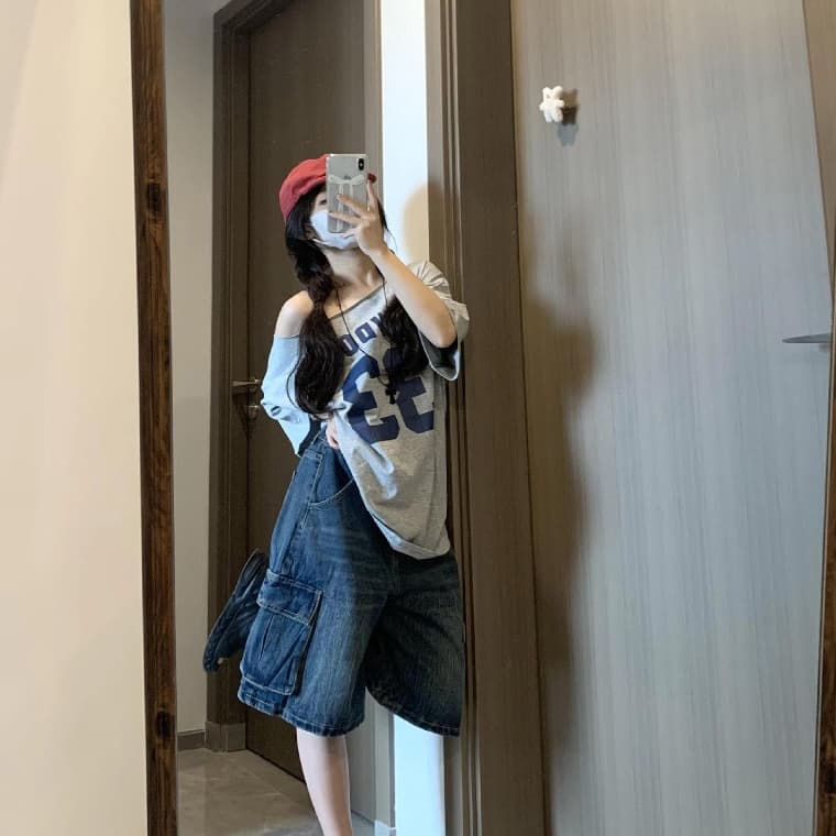 ในไทย*** เสื้อยืดปาดไหล่ โอเวอร์ไซส์ขนาดใหญ่ ปาดไหล่ข้างเดียว Y223 รูปที่ 9