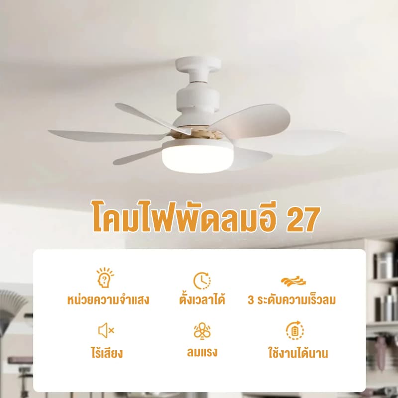 โคมไฟติดพัดลม ไฟพัดลม e27 พัดลมเพดาน พัดลมโคมไฟ หลอดไฟพัดลมพร้อมหลอดไฟ โคมไฟพัดลม Led 40W หลากสี รูปที่ 5