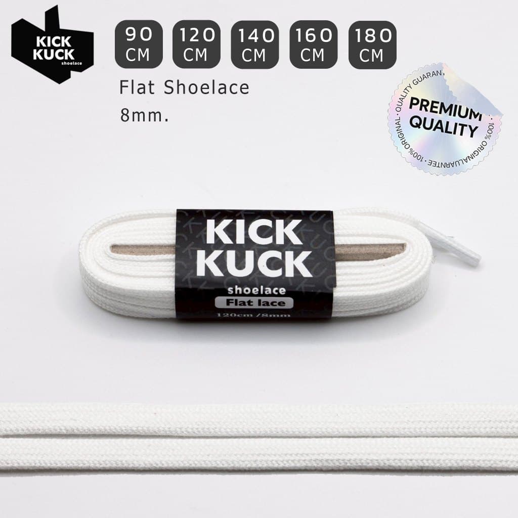 (หนา2ชั้น ไม่บาง พรีเมี่ยม) KICKKUCK (คิกคัก) เชือกรองเท้าสีขาว (white) (แบบแบน)FLAT 90.120.140.160 ,180 cm.