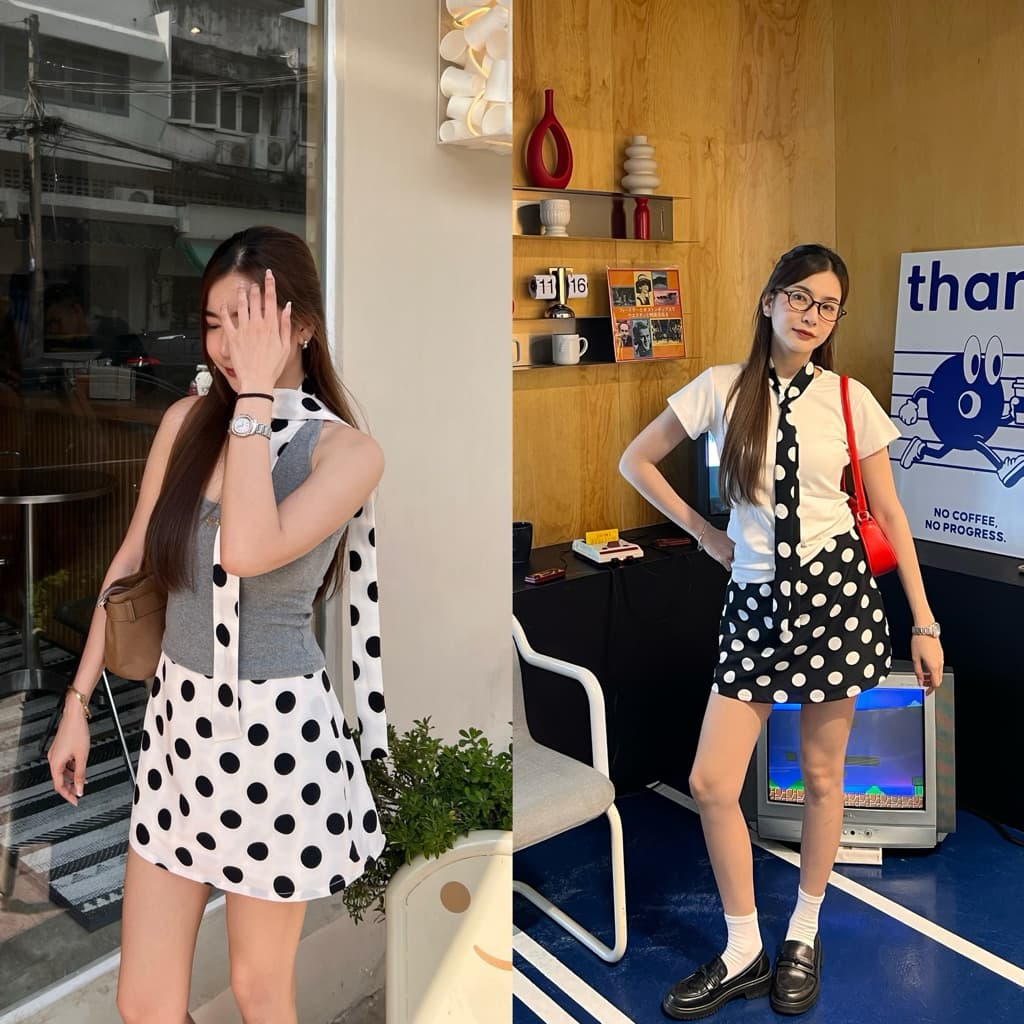BRB : Polka dots skirt กระโปรงสั้น XS-2XL ลายจุด เอวสูง ซับใน2ชั้น แถมเชือกผูกผม 1 เส้น รูปที่ 1