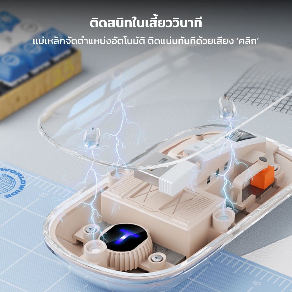 เมาส์ไร้สาย T26 แบบเงียบพิเศษ รองรับ USB/Type-C/Bluetooth 3 โหมด ดีไซน์โปร่งใส ไฟRGB รูปที่ 3