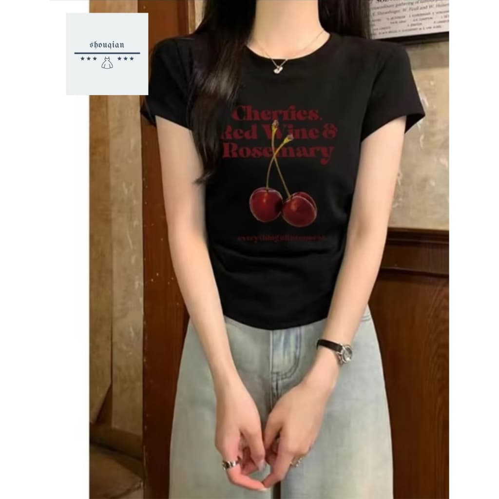 ในไทย** เสื้อยืดผ้าโพลี ผ้ายืดตามตัว สกรีนเชอรี่ Y212 รูปที่ 1