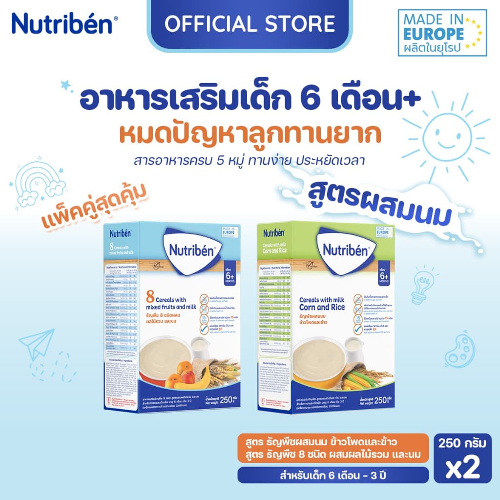 นิวทริเบน อาหารเสริมเด็ก สูตรข้าวโพดและข้าวผสมนม + สูตรธัญพืช 8 ชนิดผสมผลไม้ นม รูปที่ 1