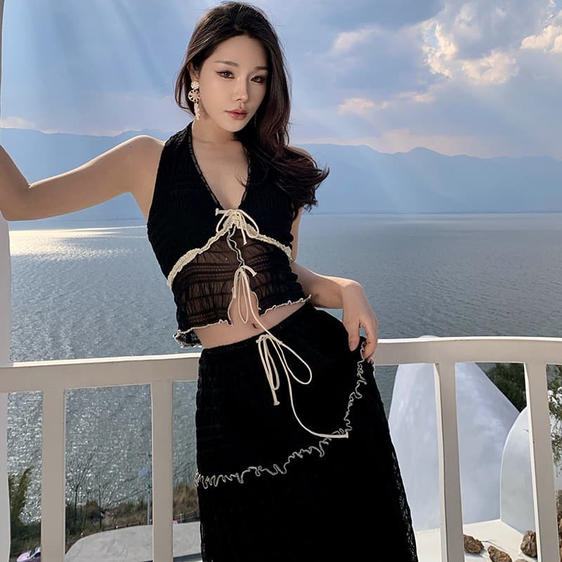 จากไทย ชุดเซ็ตเที่ยวทะเล 3 ชิ้น เซ็กซี่ เดรสยาว คอฮอลเตอร์ ชุดว่ายน้ำ Beachwear รูปที่ 3