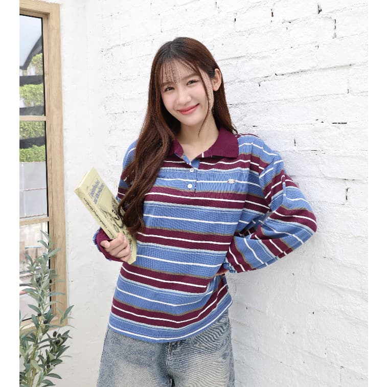 JARINYA เสื้อเชิ้ตคอปกแขนยาวลายทาง Unisex ทรง Oversize เนื้อผ้าคุณภาพเกรดดี ใส่สบาย ปักอะไหล่ โลโก้ รูปที่ 9