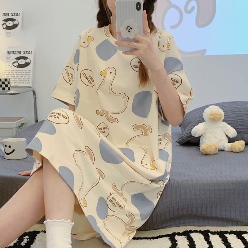 ชุดนอนกระโปรง เนื้อนุ่ม ผ้ายืด ใส่สบาย ลายการ์ตูน ชุดนอนโปรงแขนสั้น รูปที่ 3