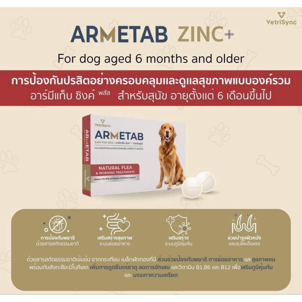 ARMETAB ZINC+ อาร์มีแท็บซิงค์พลัส อาหารเสริมกำจัดเห็บหมัดและพยาธิสำหรับสุนัขและแมว **1กล่องบรรจุ12เม็ด** รูปที่ 2