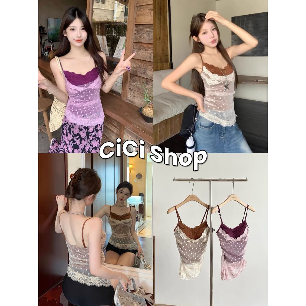 Cicishop เสื้อสายเดี่ยวดีเทลเย็บ 2 ชั้น แต่งลูกไม้ แต่งเฉียงข้าง สายปรับได้ สไตล์สาวฮอต รูปที่ 1