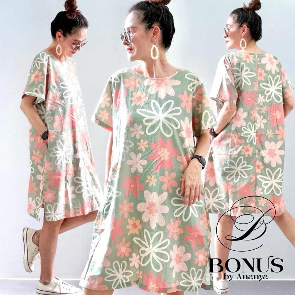 Bonus ชุดเดรสคอกลม ผ้าคอตตอลญี่ปุ่น 100% พิมพ์ลาย ดีไซน์เดรสซิปหลังเจาะกระเป๋าสองข้าง รูปที่ 3