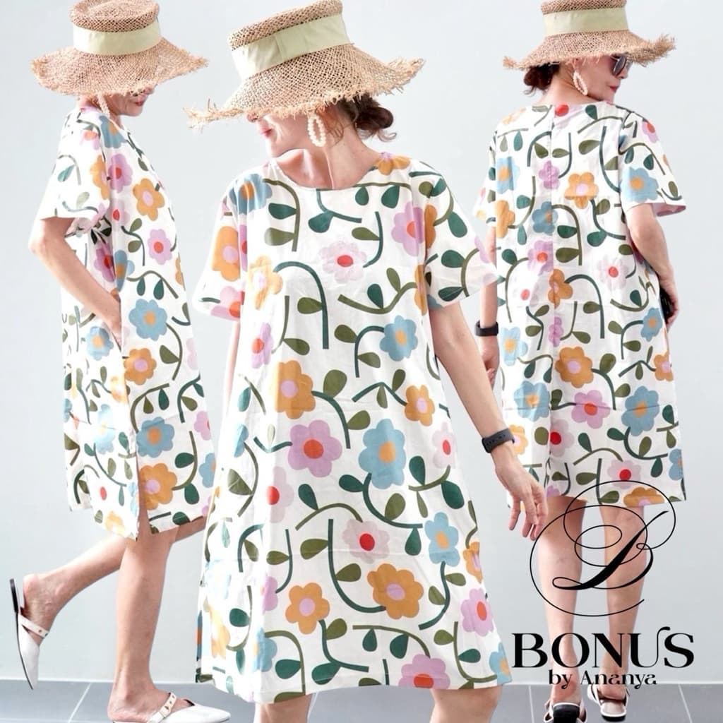 Bonus ชุดเดรสคอกลม ผ้าคอตตอลญี่ปุ่น 100% พิมพ์ลาย ดีไซน์เดรสซิปหลังเจาะกระเป๋าสองข้าง รูปที่ 1
