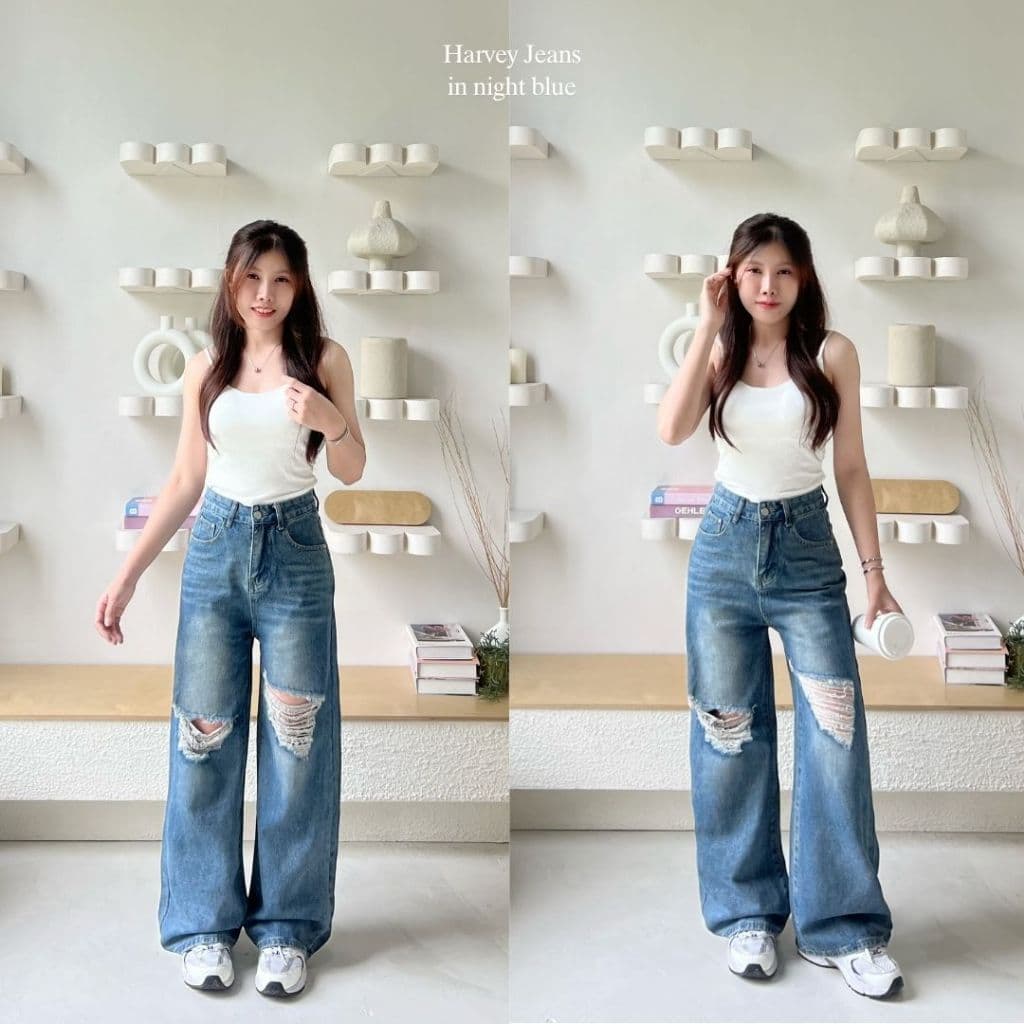 Beberlin กางเกงยีนส์ขากระบอกใหญ่ ดีเทลแต่งขาด รุ่น Harvey jeans / No : 1005 รูปที่ 9