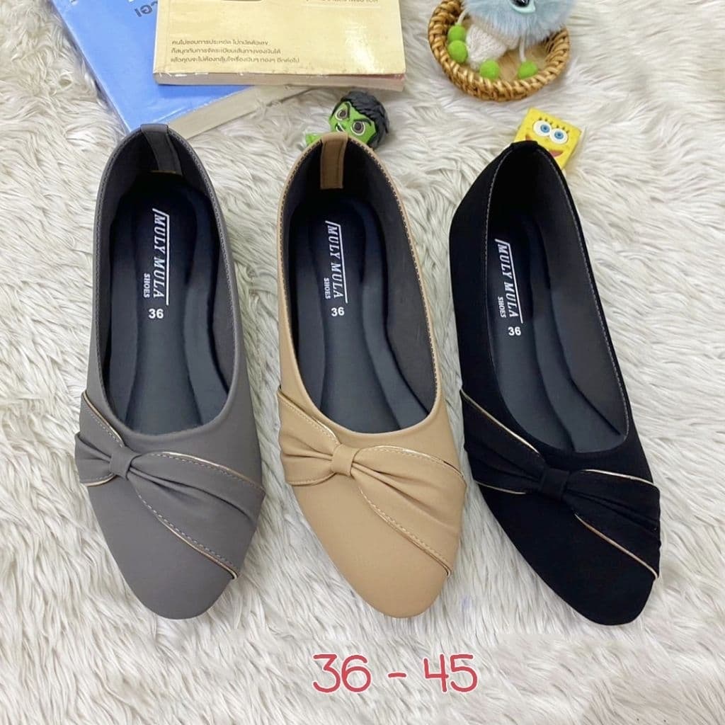 รองเท้าคัทชูหัวแหลม ไซส์.36 -45 #ส้นแบน คาดโบว์เอียงข้าง แต่งขอบเมทัลลิก... รูปที่ 1