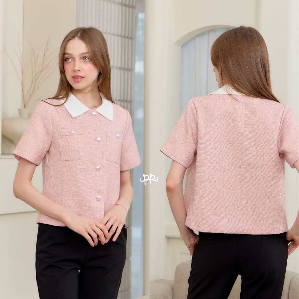 POI เสื้อคอปกแขนสั้นกระเป๋าหน้าคู่แต่งกระดุมมุก L052H5 รูปที่ 4