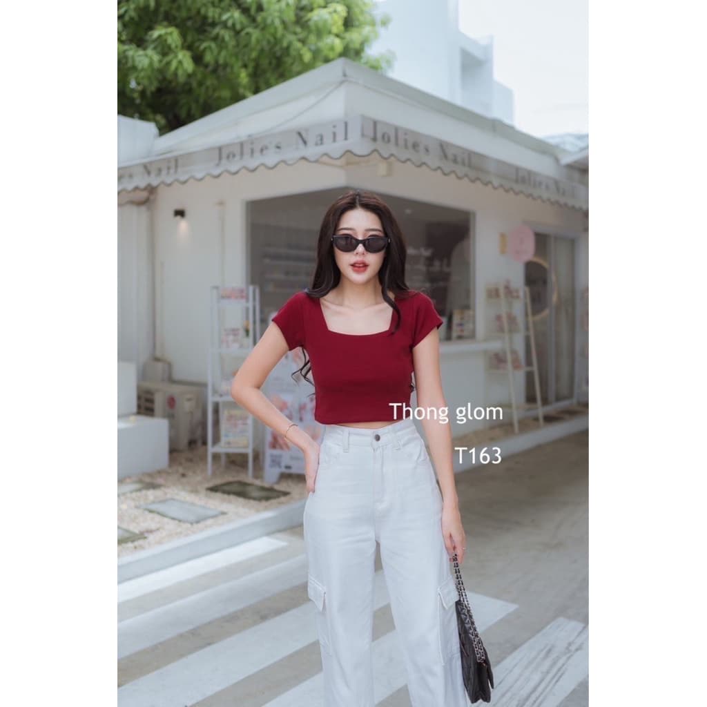 เสื้อครอปคอเหลี่ยมเนื้อผ้ายูนิโค่ Thong glom รูปที่ 8