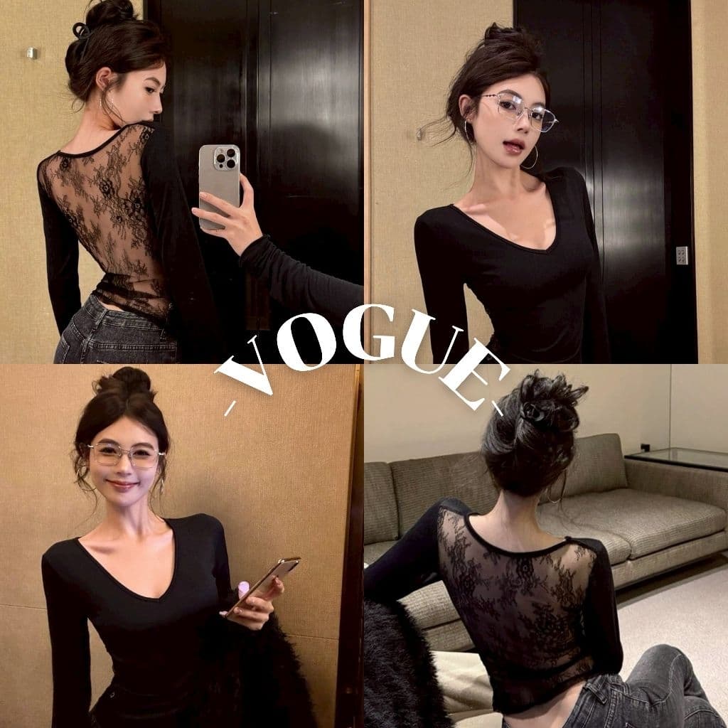 Vogue เสื้อแขนยาว คอวี ดีเทลหลังซีทรูลูกไม้ ทรงรัดรูปพอดีตัว รูปที่ 1