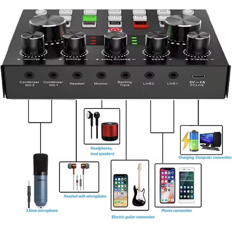 V8S Sound Card การ์ดเสียงสด สตรีมเมอร์เว็บแคสต์ ไมโครโฟนชุดหูฟัง USB เสียงบลูทูธ สำหรับการถ่ายทอดสดและการร้องเพลง รูปที่ 8