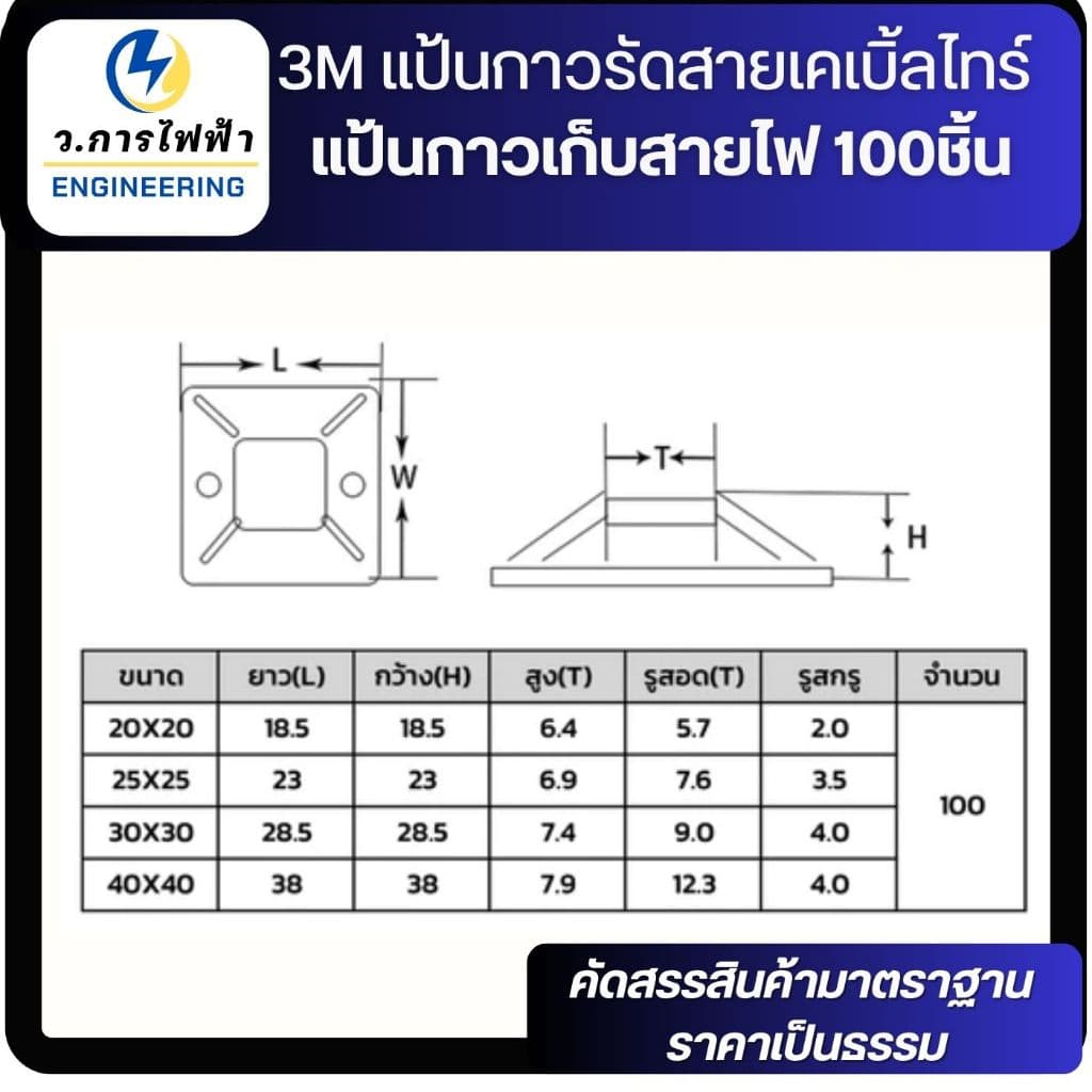 3M แป้นกาวรัดสายเคเบิ้ลไทร์ แป้นกาวเก็บสายไฟ สแควร์เบสเก็บสายไฟ 20,30mm 100 ชิ้น รูปที่ 2