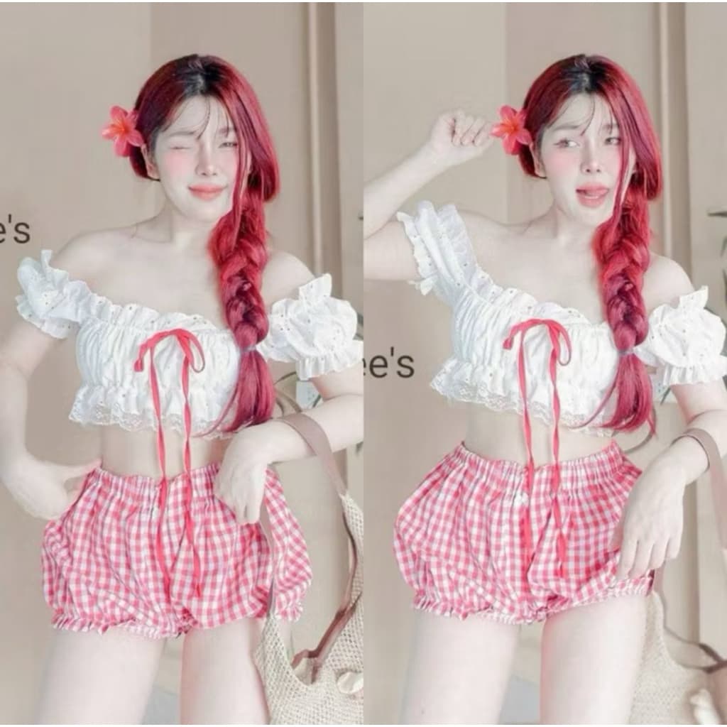 aimorn_shopเสื้อครอป แขนบอลลูน ลายสก็อต แต่งโบว์แต่งขอบลูกไม้สวยแซ่บสุดๆ รูปที่ 5