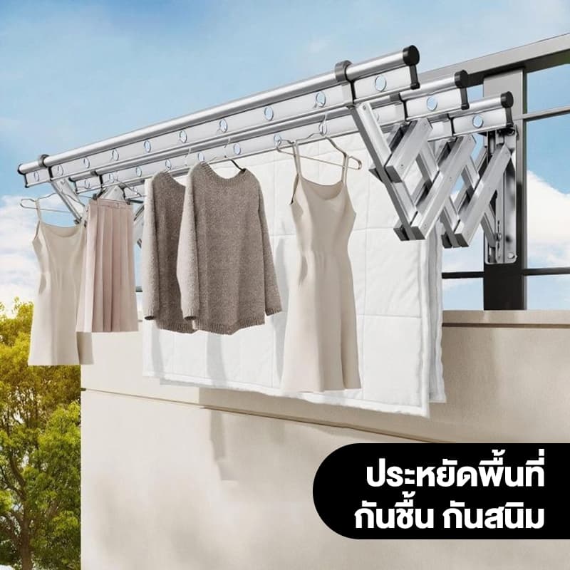 SPACEMADER ราวตากผ้าอลูมิเนียมอัลลอยด์ แบบพับเก็บได้ ราวตากผ้าติดผนัง ใช้ในบ้าน ระเบียง กลางแจ้ง รูปที่ 2