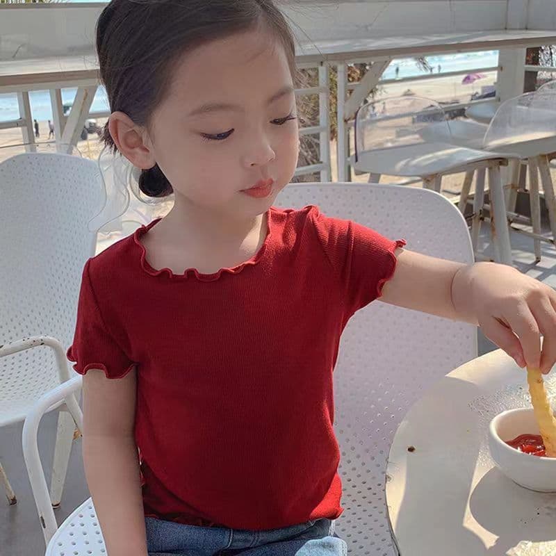 เสื้อเเขนสั้นเด็กหญิง เสื้อยืดเด็กหญิง สีพื่น ขอบใบบัว ดีไซส์แฟชั่น สไตล์เกาหลี ทันสมัย ในไทย มี 8 สี รูปที่ 6