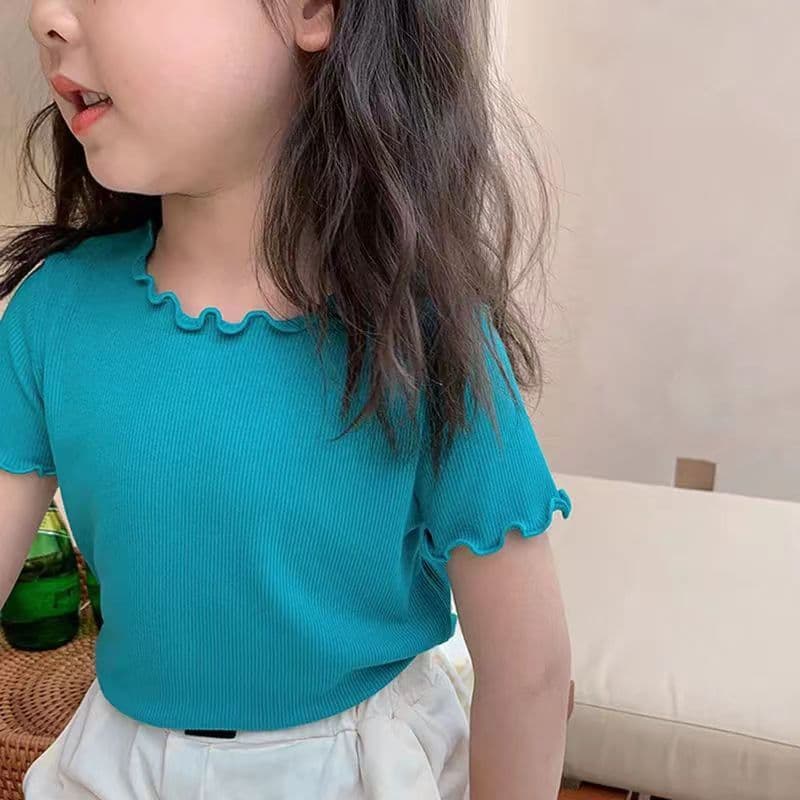 เสื้อเเขนสั้นเด็กหญิง เสื้อยืดเด็กหญิง สีพื่น ขอบใบบัว ดีไซส์แฟชั่น สไตล์เกาหลี ทันสมัย ในไทย มี 8 สี รูปที่ 4
