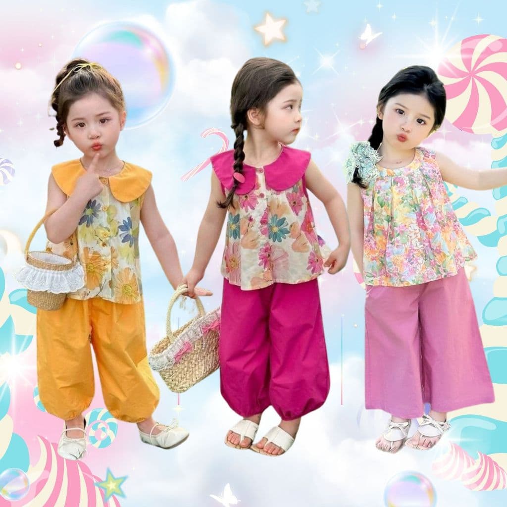 MooDeng Baby 2ชิ้น เสื้อ กางเกง คอตุ๊กตา  แฟชั่นเด็ก ฤดูร้อน เสื้อกั๊ก เสื้อแขนกุด  เด็กผู้หญิง