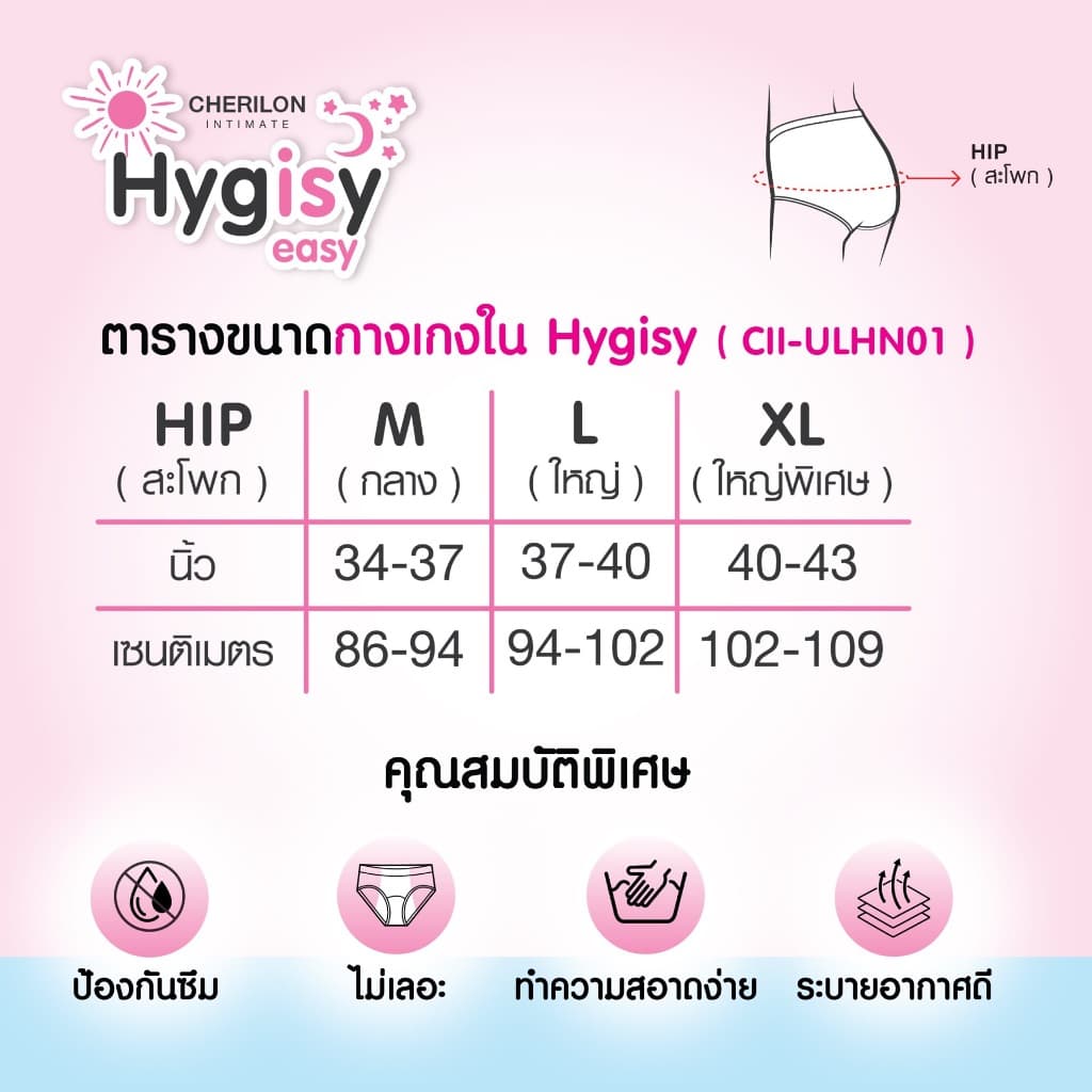 S CHERILON Hygisy Underwear เชอรีล่อน กางเกงใน กันซึม 3 ชั้น ประจำเดือน ปัสสาวะเล็ด ตกขาว ใส่สบาย CII-ULHN01 CII-ULDL01 รูปที่ 2