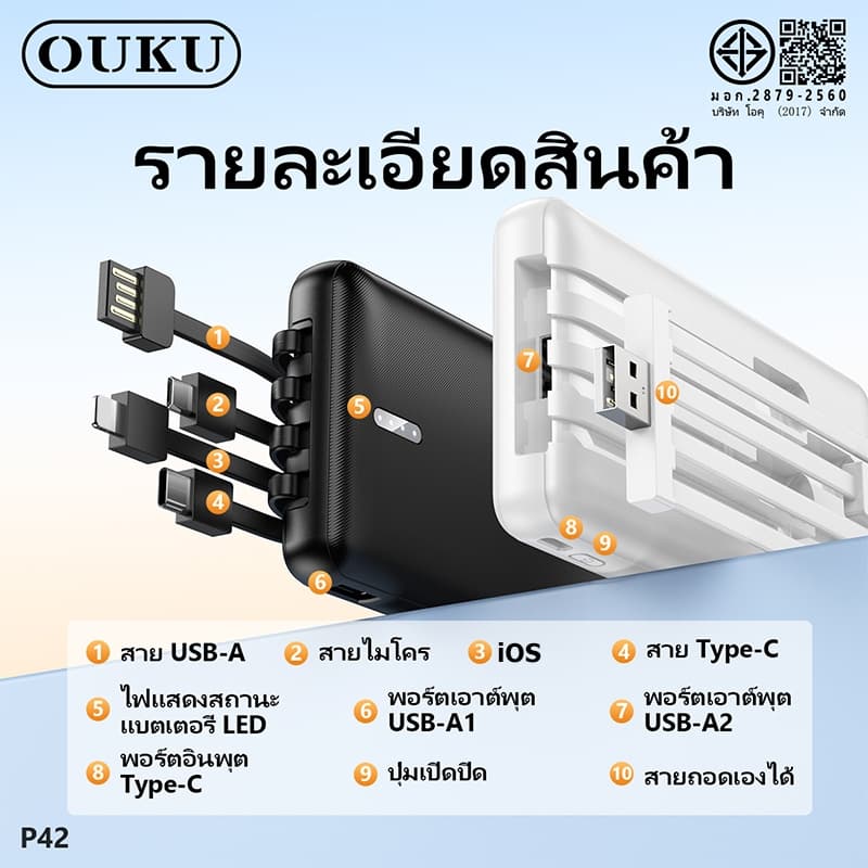พาวเวอร์แบงค์ชาร์จเร็ว OUKU EK1-P42 สายชาร์จ 4 เส้นในตัว 10000mAh ระบบป้องกันกระแสไฟเกิน ขึ้นเครื่องบินได้ รูปที่ 7