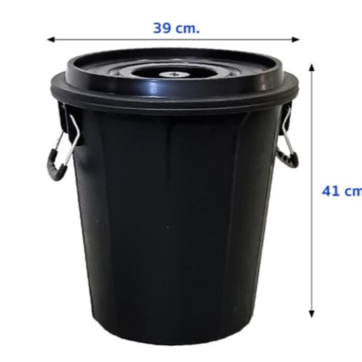 ถังน้ำพลาสติกสีดำ 32 ลิตร พร้อมฝาปิด รุ่น 708B ขนาด 39x41 cm ถังน้ำสีดำ ถังขนาดกลาง ถังอาบน้ำ