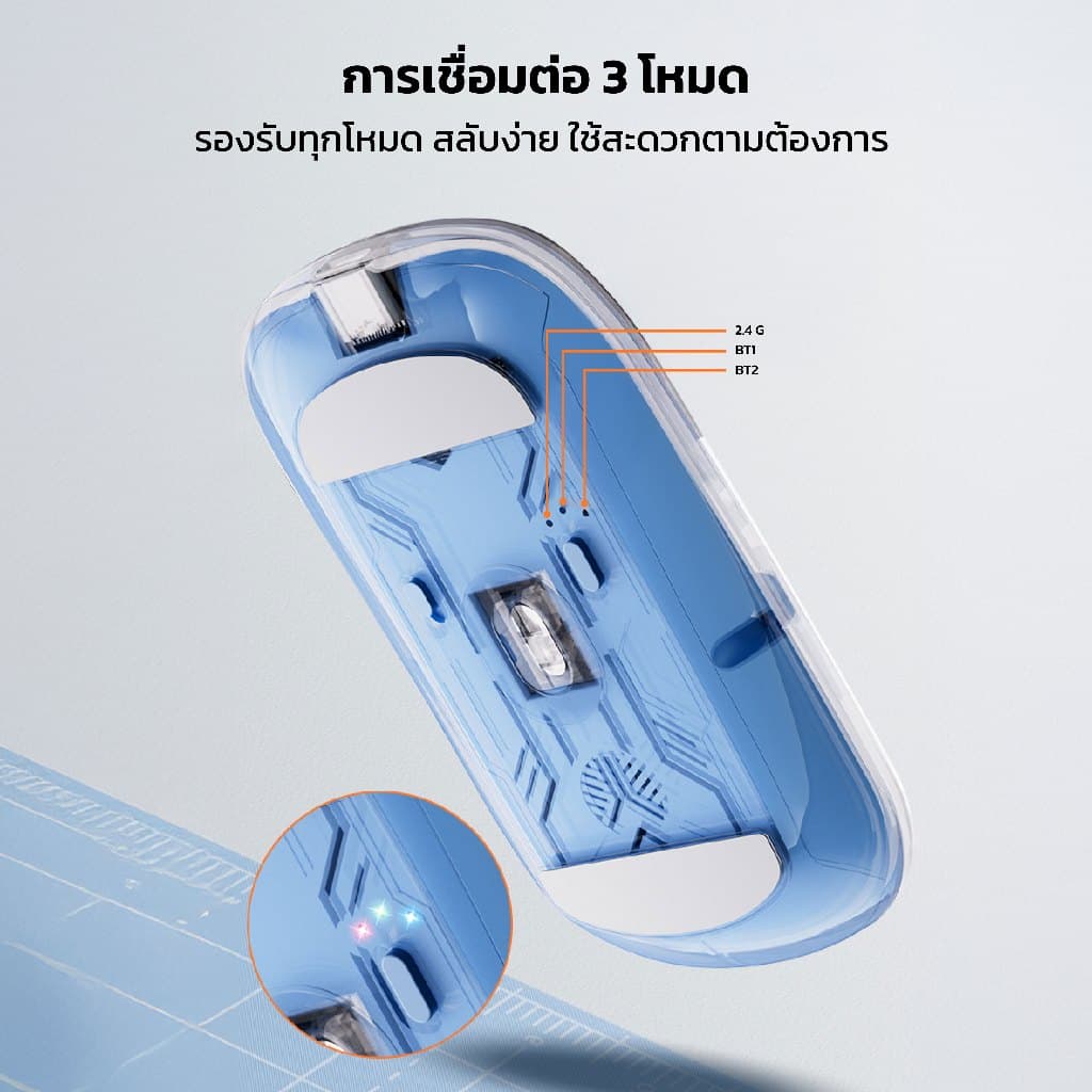 เมาส์ไร้สาย T26 แบบเงียบพิเศษ รองรับ USB/Type-C/Bluetooth 3 โหมด ดีไซน์โปร่งใส ไฟRGB รูปที่ 7