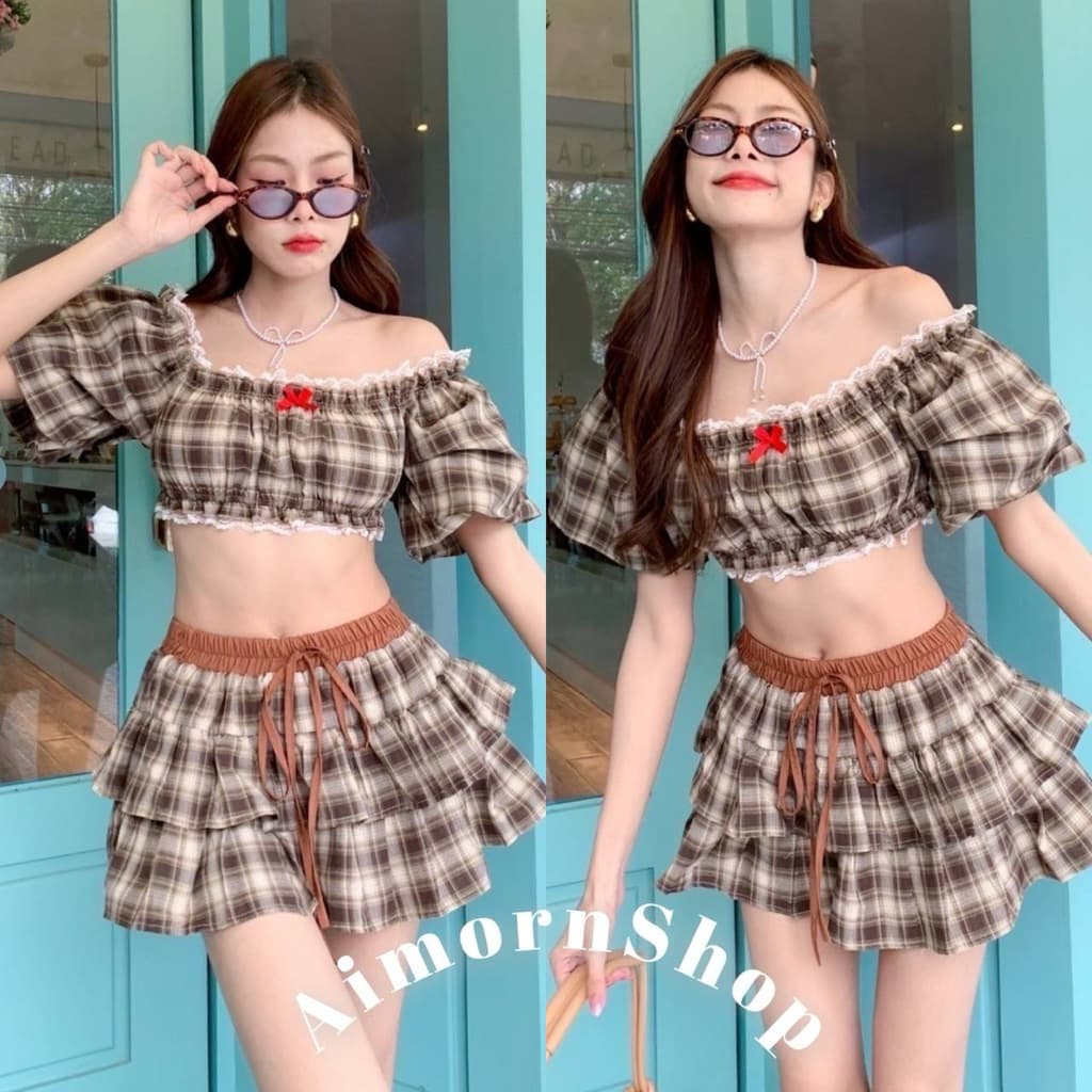 aimorn_shopเสื้อครอป แขนบอลลูน ลายสก็อต แต่งโบว์แต่งขอบลูกไม้สวยแซ่บสุดๆ รูปที่ 2