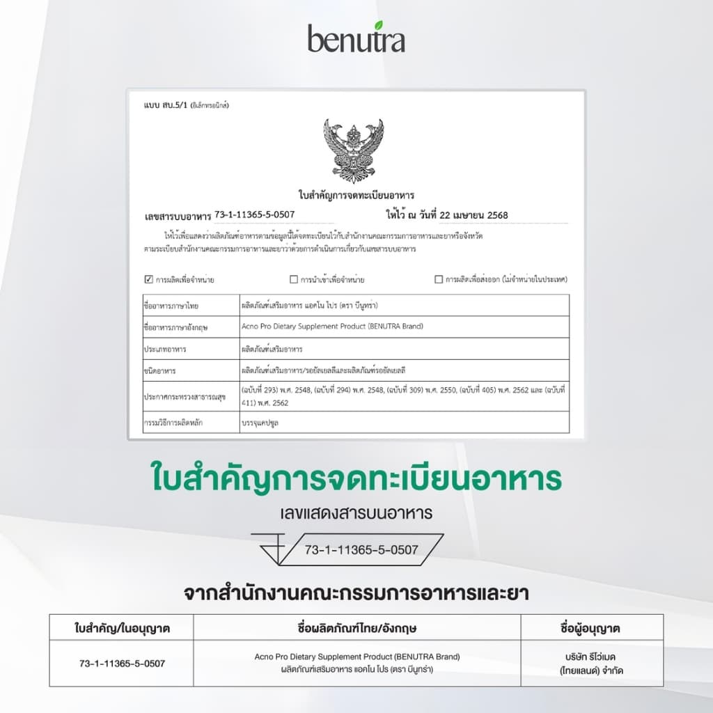 Benutra Acno Pro บีนูทร่า แอคโน โปร วิตามินลดสิว ซิงค์ลดสิว สิวอักเสบ ลดรอยสิว คุมมัน 1 กล่อง30เม็ด รูปที่ 8