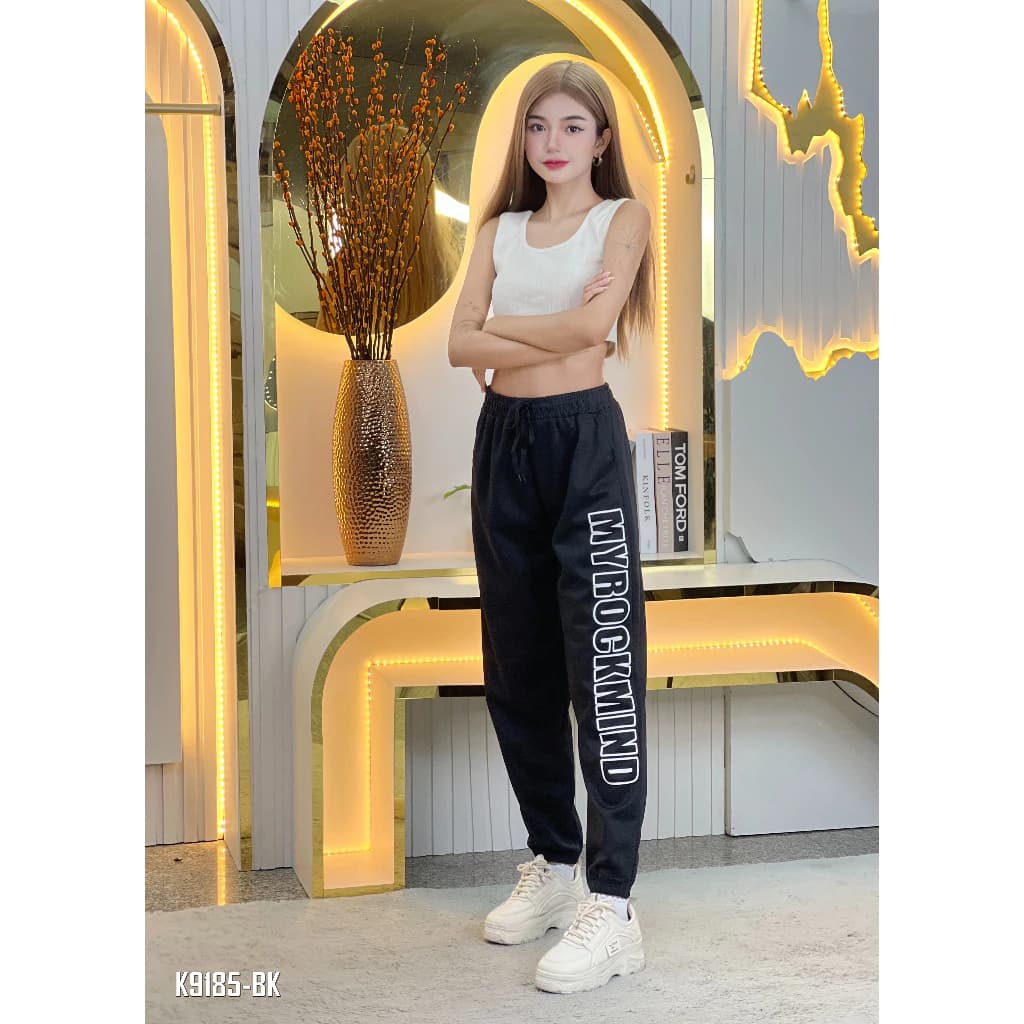 ปลีก-ส่ง กางเกงขายาวหน้าร้อน เอวยางยืดมีเชือก กางเกงทรงหลวมขาจั้มและกางเกงกีฬา กางเกงวอร์มทรงขาจั๊ม สีดำ/เทา K9185 รูปที่ 2