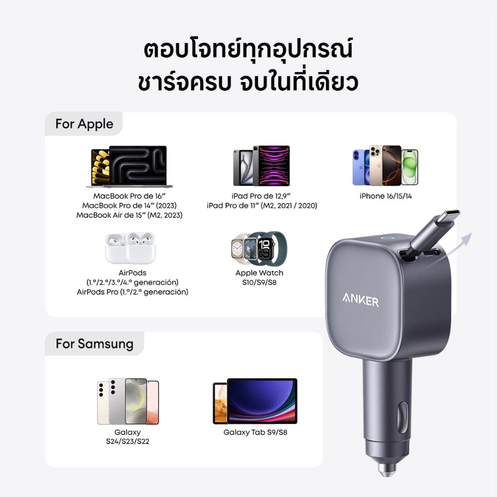 Anker Nano Car Charger 75W Fast Charging Type-C ที่ชาร์จเร็วในรถ มีสายชาร์จในตัวยืดหดได้ for iPhone 15-17 Samsung รูปที่ 6
