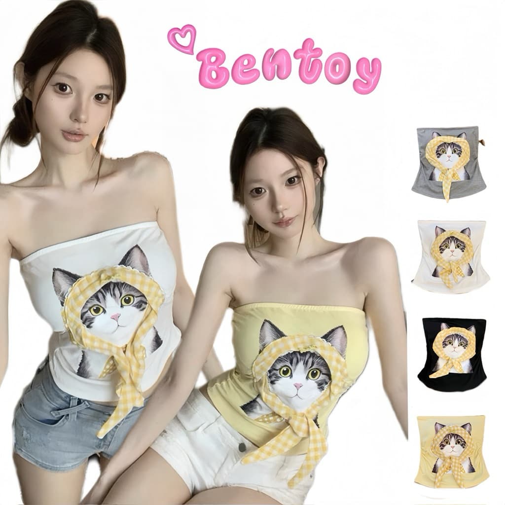 Bentoy เกาะอกลายแมวสุดน่ารัก แต่งผ้าผูกหัว มีฟองน้ำในตัว nobra รูปที่ 1