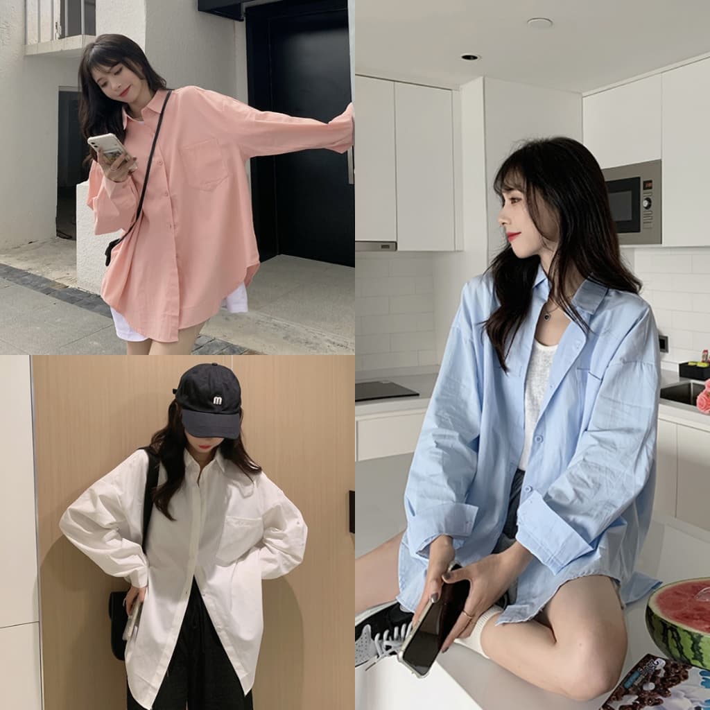 เสื้อผ้ากันแดดผู้หญิง แขนยาวหลวมๆ ทันสมัย เสื้อเชิ้ตสไตล์เกาหลี เรียบง่ายและใช้งานได้หลากหลาย สีพื้น มีกระเป๋าหน้า รูปที่ 1