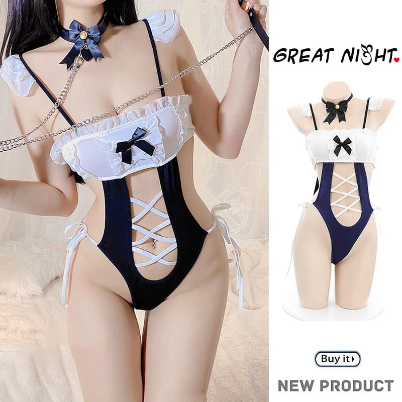 Great Nightชุดแม่บ้าน cosplay ชุดบอดี้สูทเซ็กซี่ เว้าหลัง แต่งโบว์ กลวง sexy สวมใส่สบาย รูปที่ 1