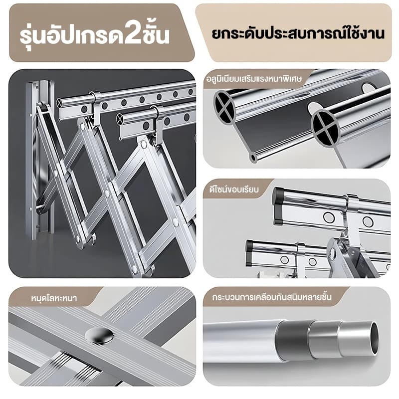 SPACEMADER ราวตากผ้าอลูมิเนียมอัลลอยด์ แบบพับเก็บได้ ราวตากผ้าติดผนัง ใช้ในบ้าน ระเบียง กลางแจ้ง รูปที่ 4