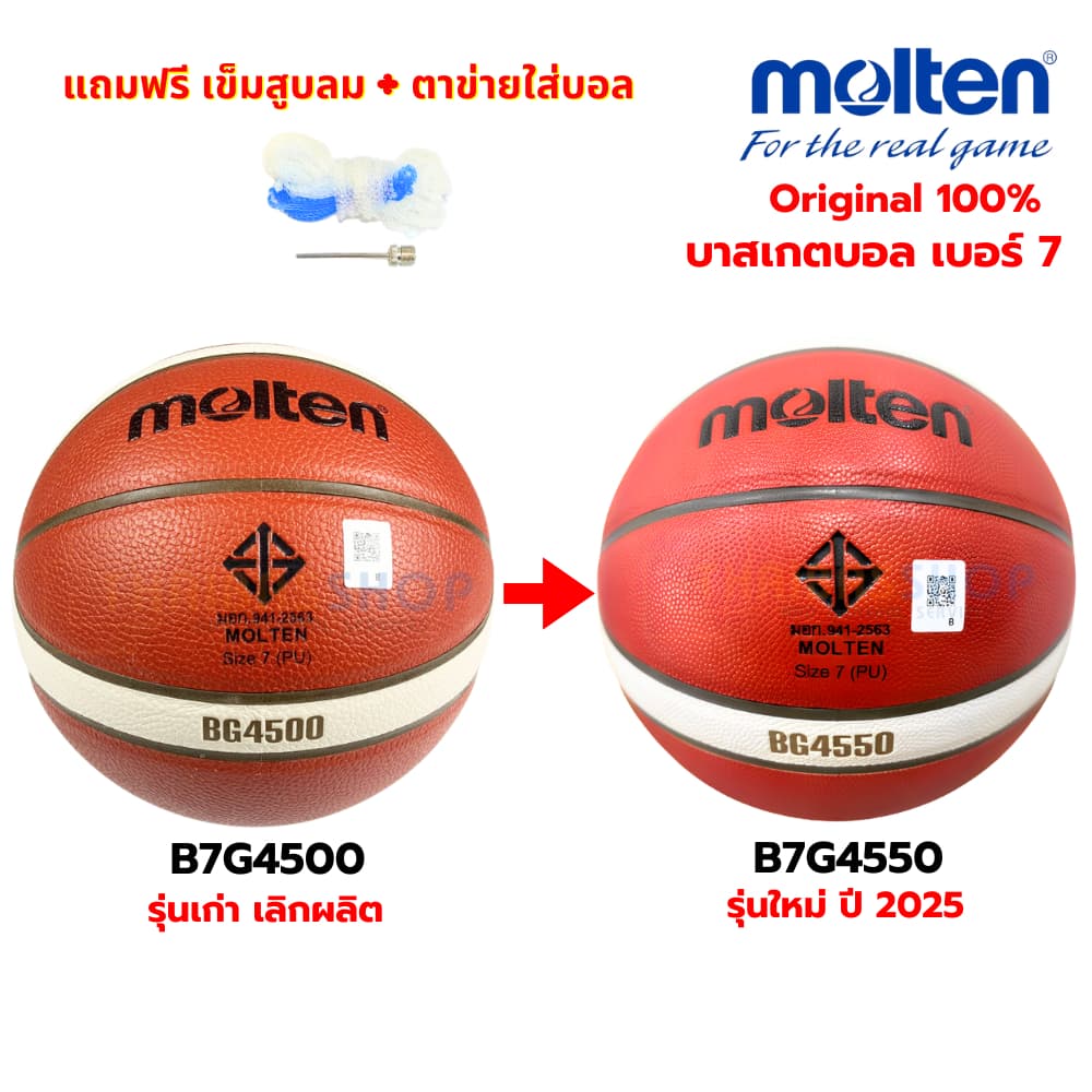 ลูกบาส ลูกบาสเกตบอล molten BG4550 หนังคล้าย GG7X มีตรา มอก. บาสหนัง PU size7 รูปที่ 1