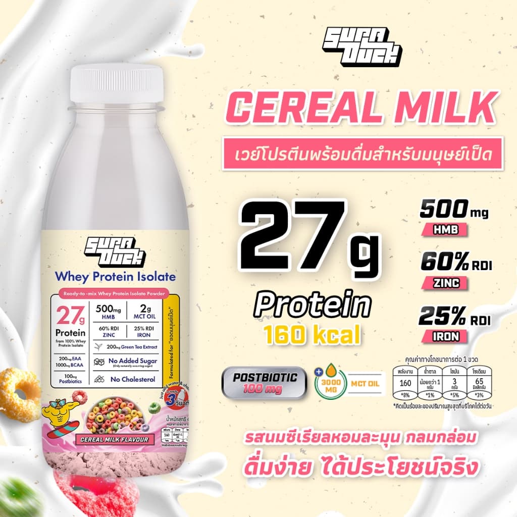 SUPADUCK Whey Protein Isolate Cereal Milk Flavor 40g Ready-to-Mix Bottle | เวย์โปรตีน ไอโซเลท รสนมซีเรียล ขวดพร้อมชง รูปที่ 1