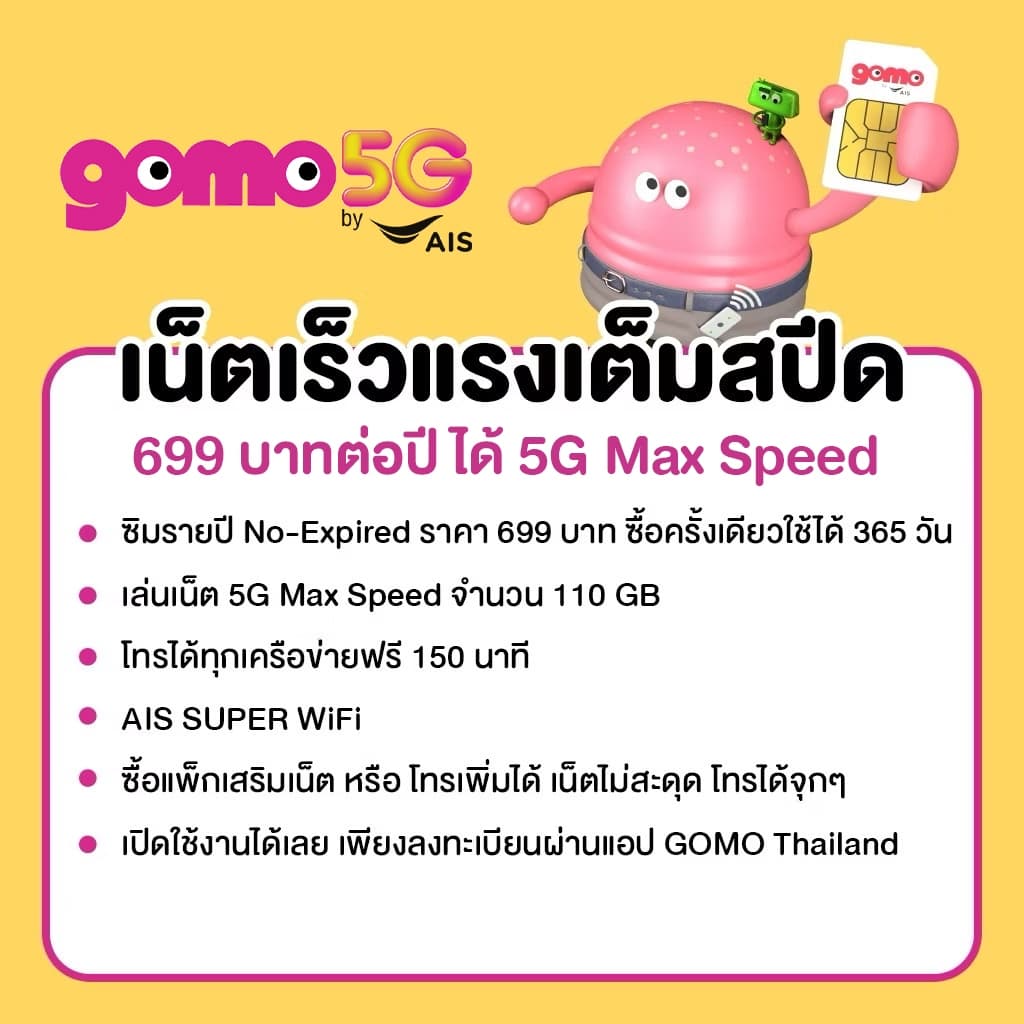 ซิมGOMO รายปี 699 บาท เน็ต 5G 110GB/ปี โทรฟรี 150นาที/ปี AIS Super WiFi ไม่อั้น คุ้มที่สุด ไม่มีสัญญาผูกมัด รูปที่ 2