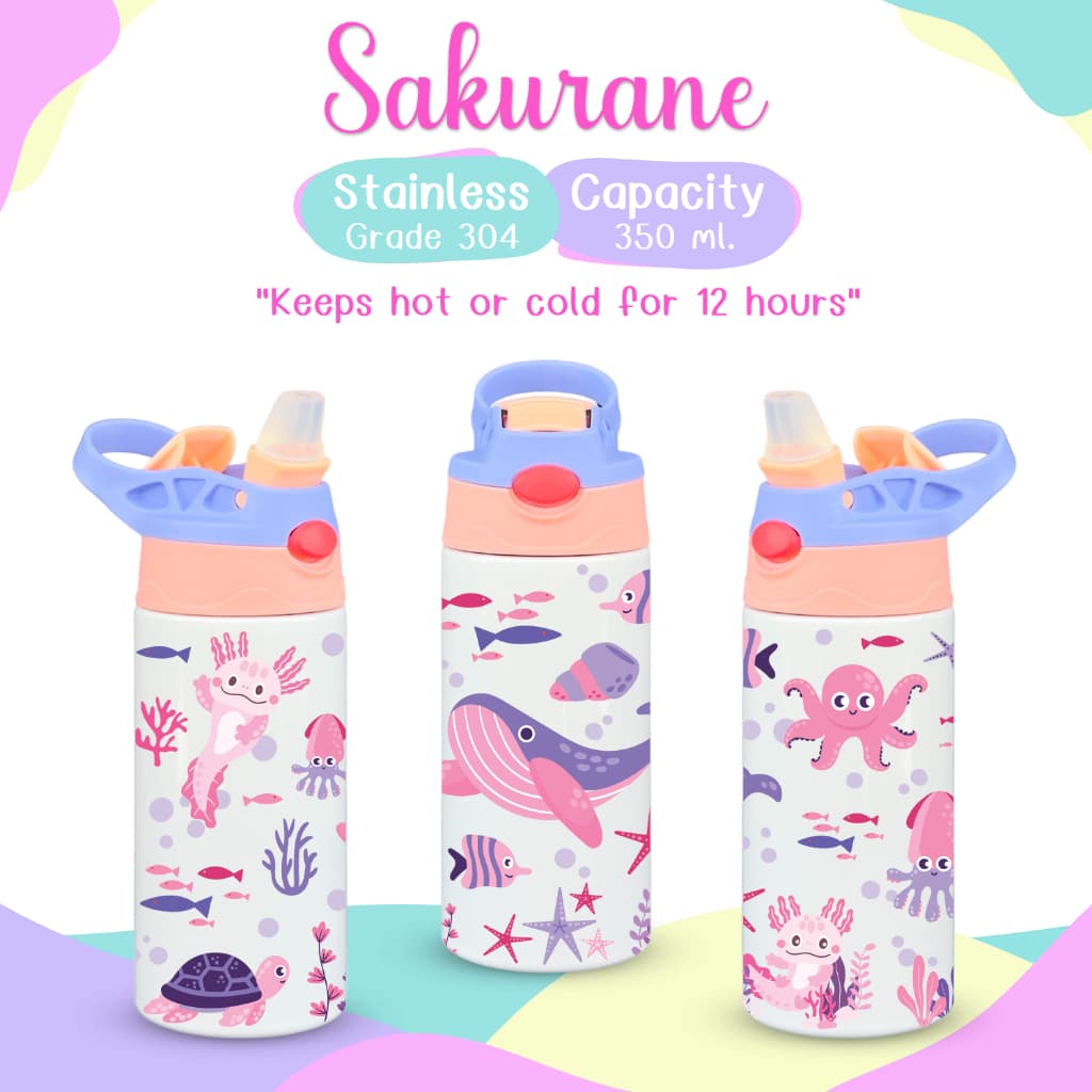 Sakurane กระบอกน้ำเด็ก สแตนเลส304 ฝากดหลอดเด้ง ขนาด 350ml. ขวดน้ำอนุบาล แก้วน้ำเด็กไปโรงเรียน รูปที่ 1
