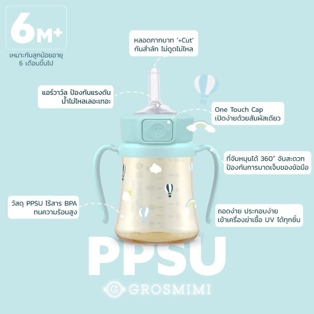 ขวดหัดดูด Grosmimi PPSU Olive Straw Cup 300มล. ฝาปิดแบบ One Touch Cap และที่จับหมุนได้ 360 องศา รูปที่ 6