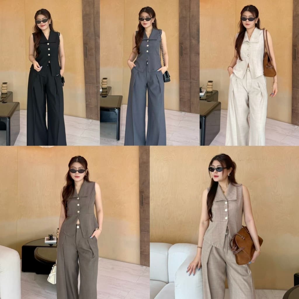 Emma Set:ชุดเซ็ทขายาว 2 ชิ้น ชุดเซ็ทขายาวเสื้อแขนกุดกระดุมหน้า กางเกงกระบอกเกาหลี คาเฟ่ BETTY รูปที่ 3