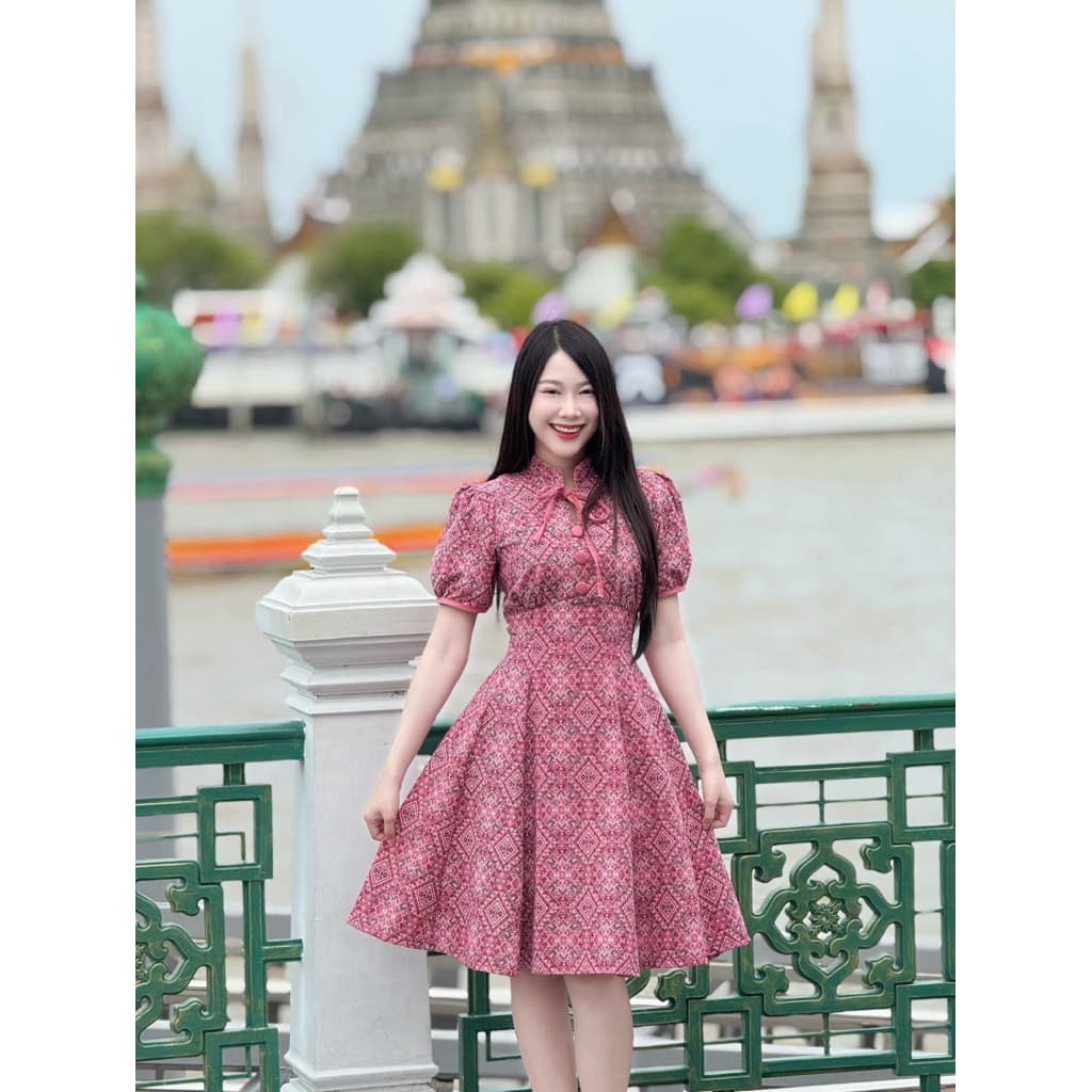 TANTANOD-รหัสTL7 เดรสผูกคอกระโปรงบาน6จีบ แขนตุ๊กตา รูปที่ 4