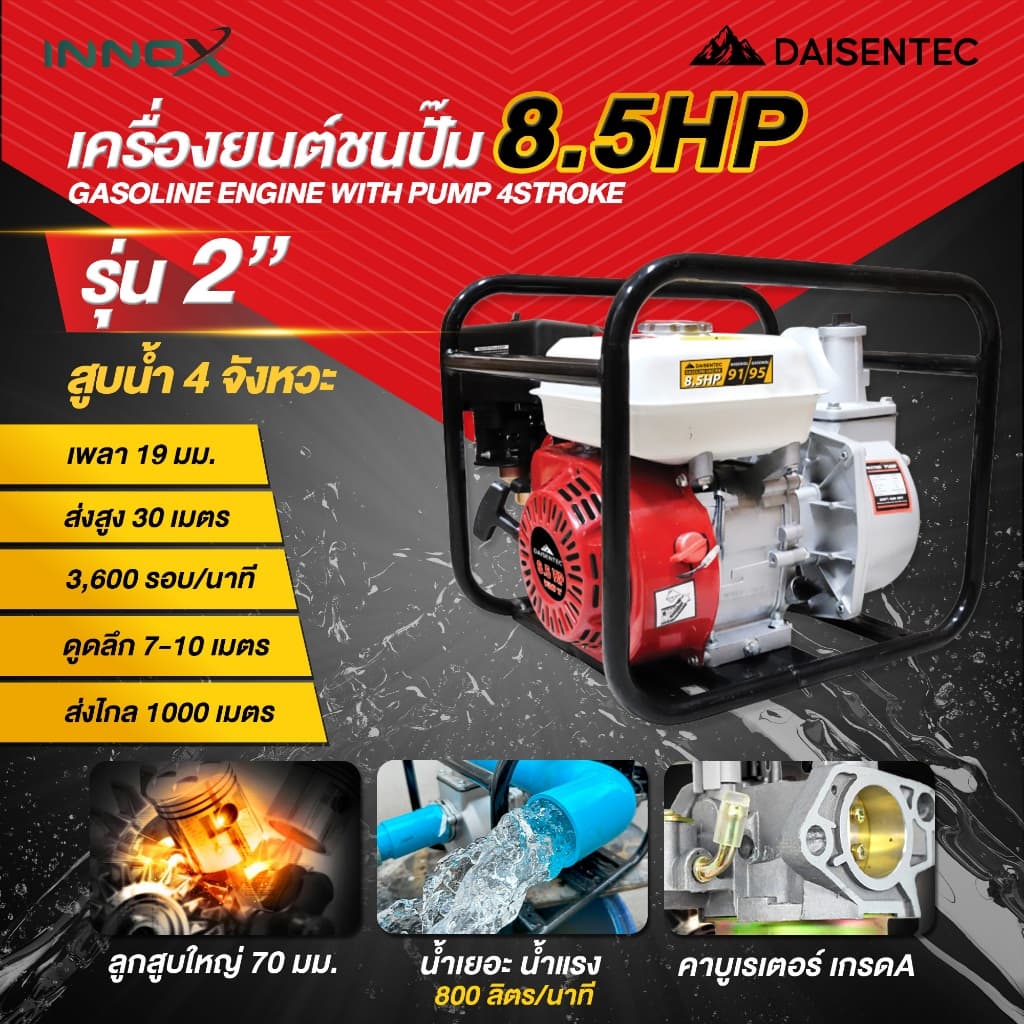 DAISENTEC - เครื่องสูบน้ำเบนซิน 2 3 นิ้ว 8.5 แรง 4 จังหวะสตาร์ทง่าย ปั๊มชนเครื่อง เครื่องยนต์สูบน้ำ เครื่องสูบน้ำ รูปที่ 2